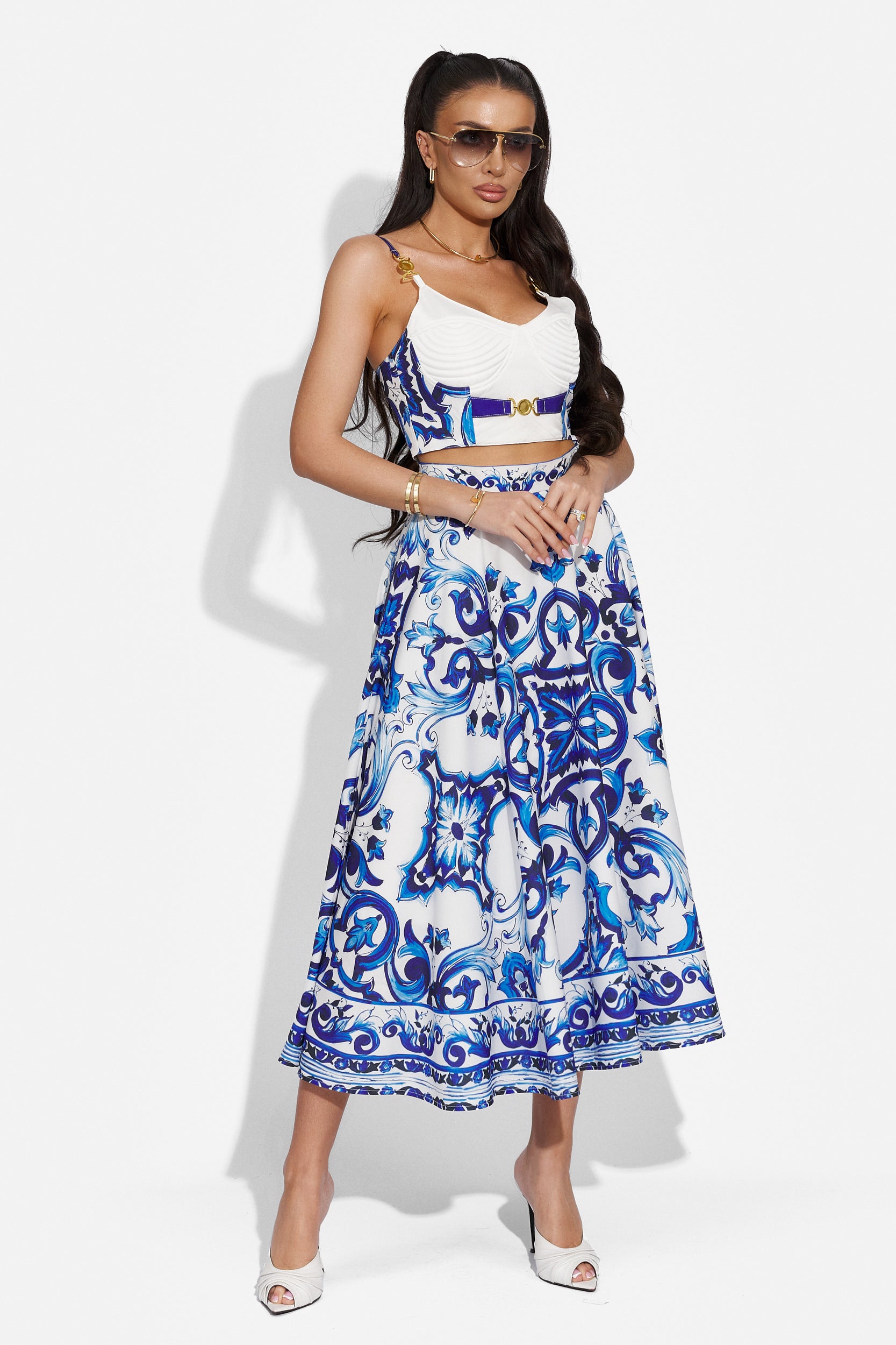 Elegant blue and white ladies skirt suit Moniha Bogas
