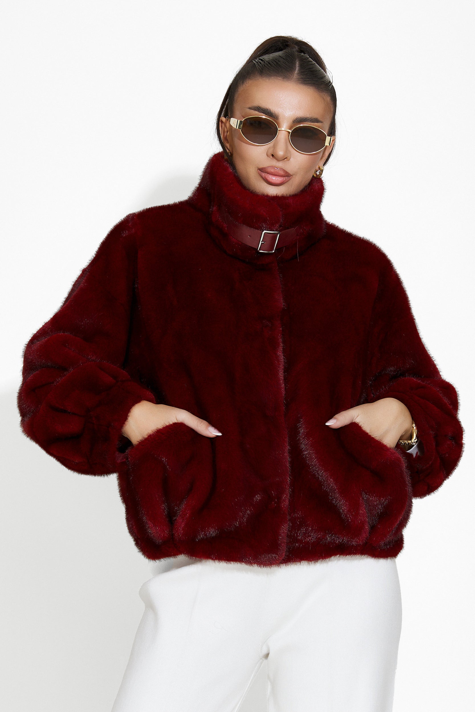 Celina Bogas red fur coat