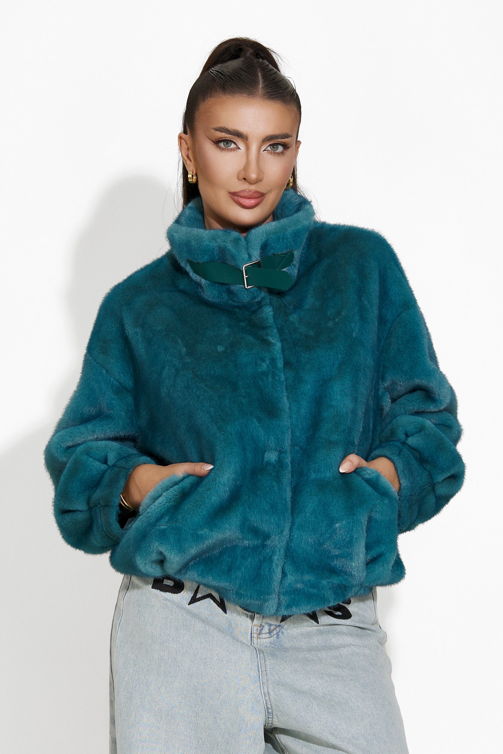 Celina Bogas turquoise fur coat