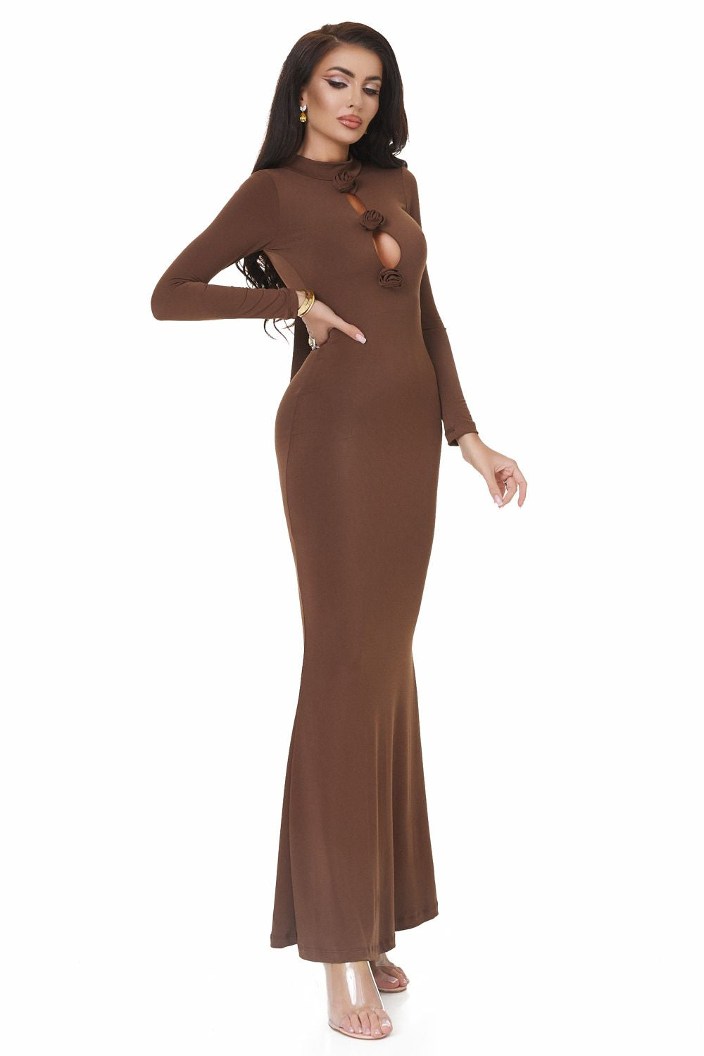 Ladies long brown lycra dress Glenday Bogas