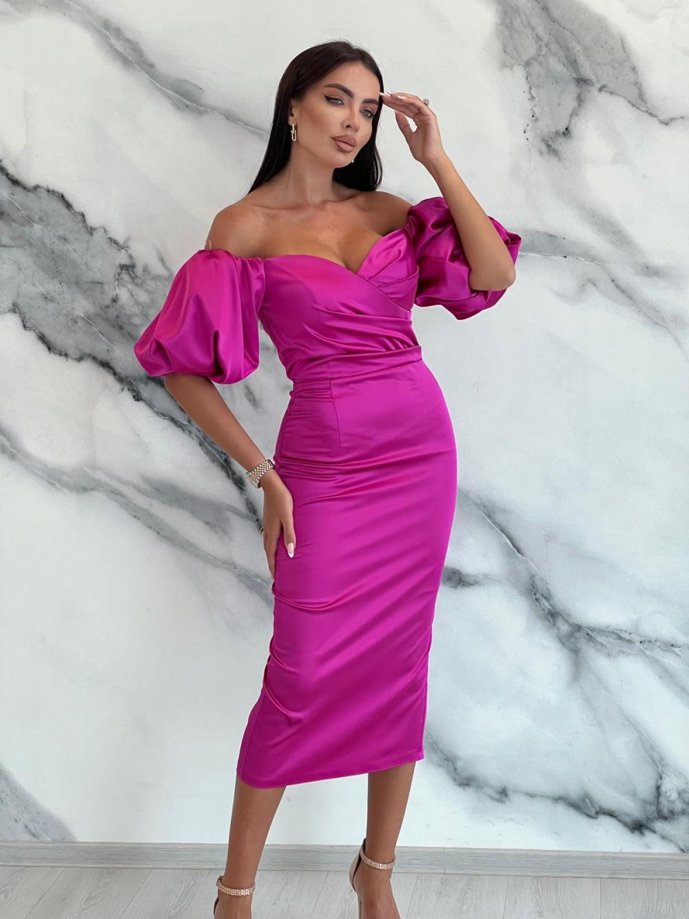 Rochie midi tafta fucsia Mariska Bogas