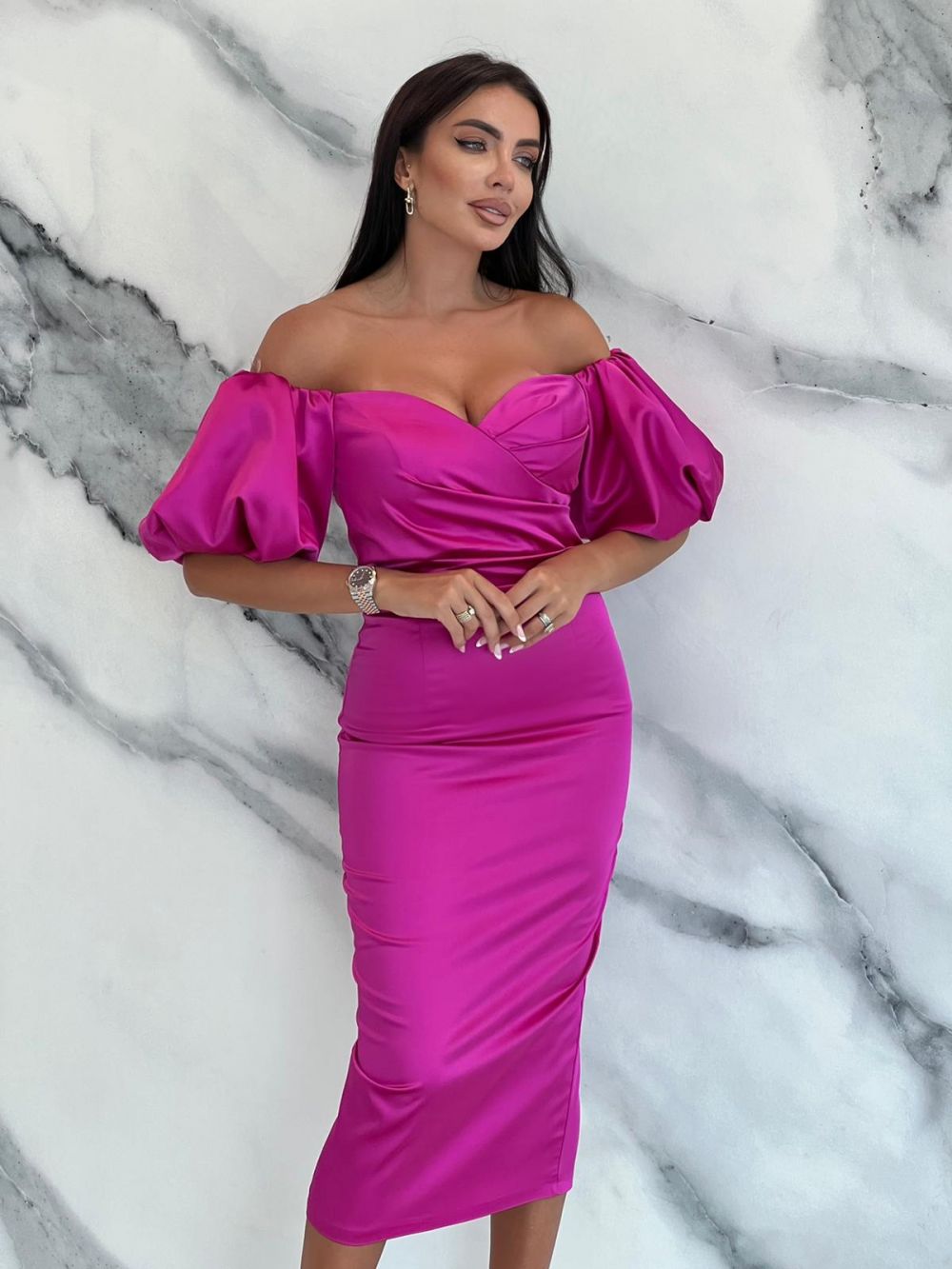 Rochie midi tafta fucsia Mariska Bogas