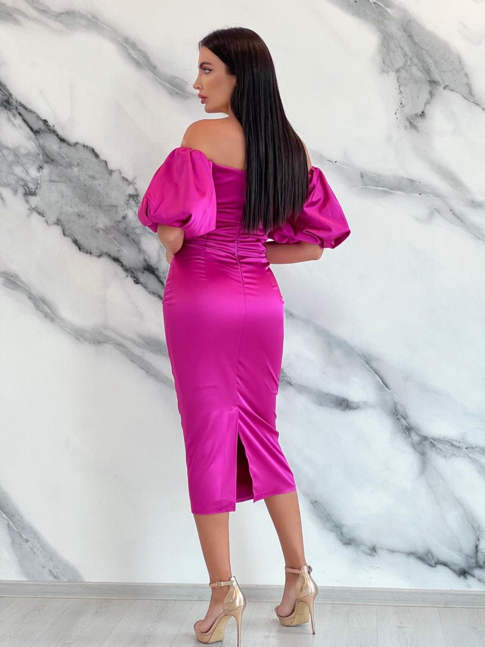 Rochie midi tafta fucsia Mariska Bogas